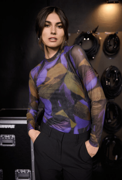 ALDA 4 Sheer Mesh Long Sleeve Top in Purple Abstract Print Tops Soya Concept