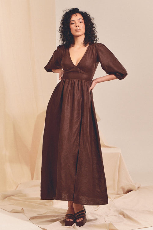 ARYA Split Front Linen Maxi Dress in Chocolate Brown Dresses Jaase Statement