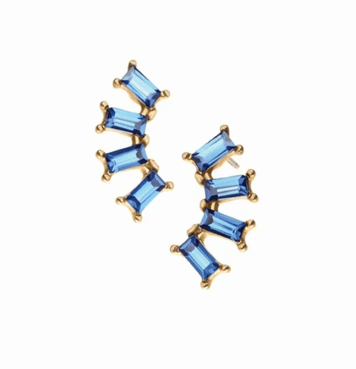 Baguette Crystal Fan Stud Earrings - Worn Gold / Cobalt Blue - LF841 Earrings Hot Tomato