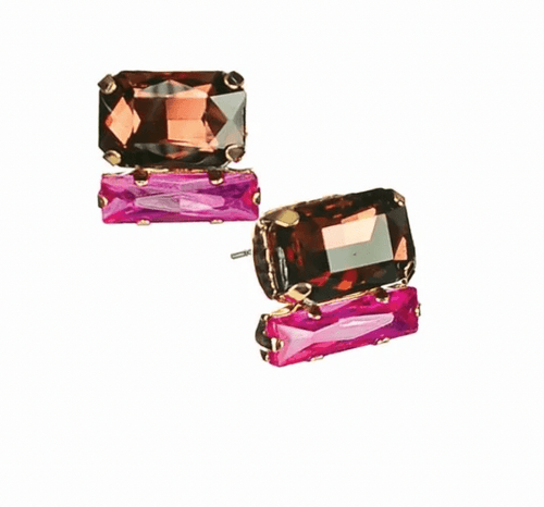 Baguette Double Stud Crystal Earrings in Pink and Plum - HU091 Earrings Hot Tomato
