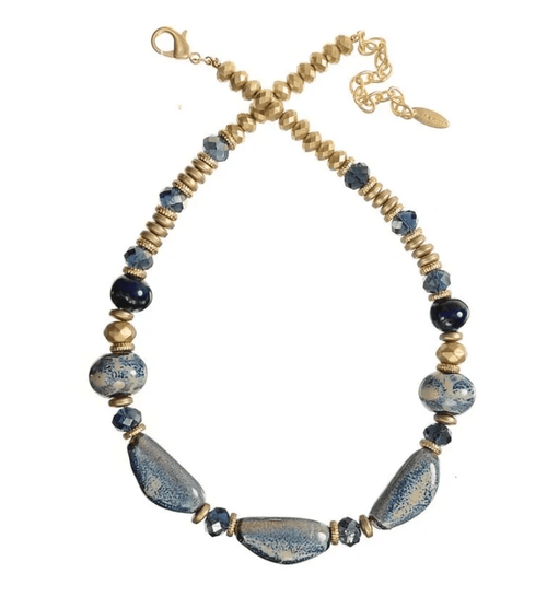 Ceramica Chunky Beaded Short Necklace in Navy and Gold - PA309 Necklaces Hot Tomato