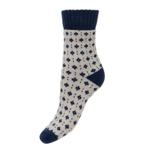 Cream and Blue Diamond Wool Blend Socks WS456 Socks Joya