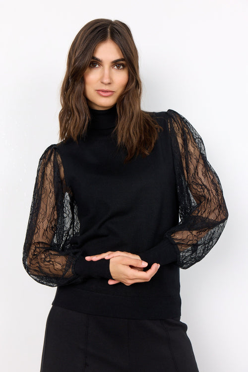 Dollie 742 Knit Top With Lace Balloon Sleeve in Black Tops Soya Concept