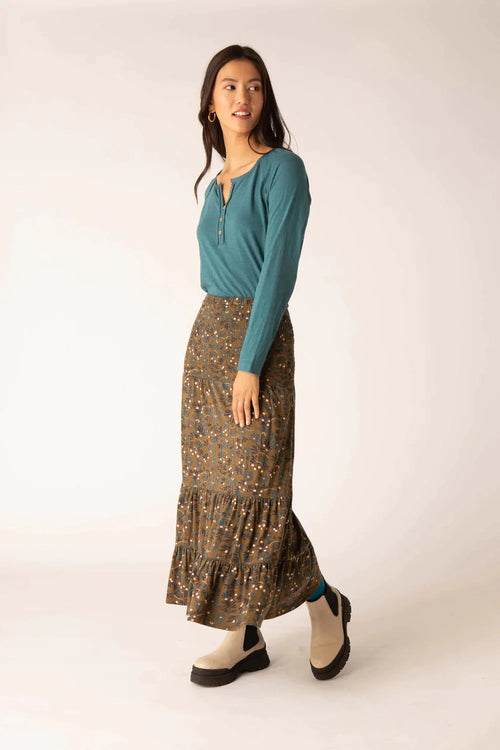 Hedgerow Autumnal Print Tiered Midi Skirt in Khaki Skirts Mistral