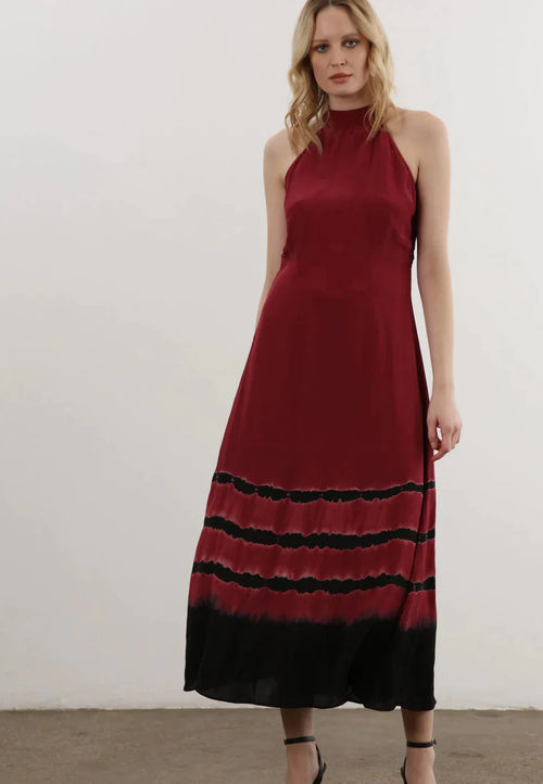 HIDDEN Halter Neck Silk Feel Maxi Dress in Wine Red & Black Dresses Religion