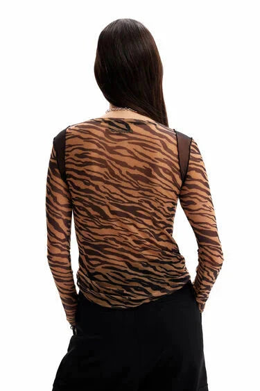 LEOPA Long Sleeve Sheer Tiger Print Top Tops Desigual