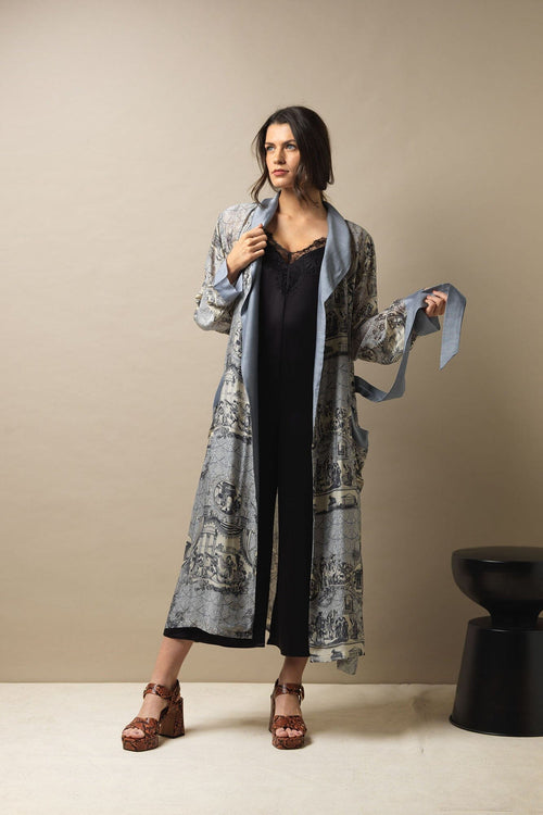 Lightweight Kimono Gown in Ancient Columns Print Grey Gowns One Hundred Stars