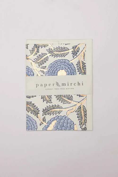 Paper Mirchi - Hand Block Printed Greeting Card - Marigold Glitz Blue Cards Paper Mirchi