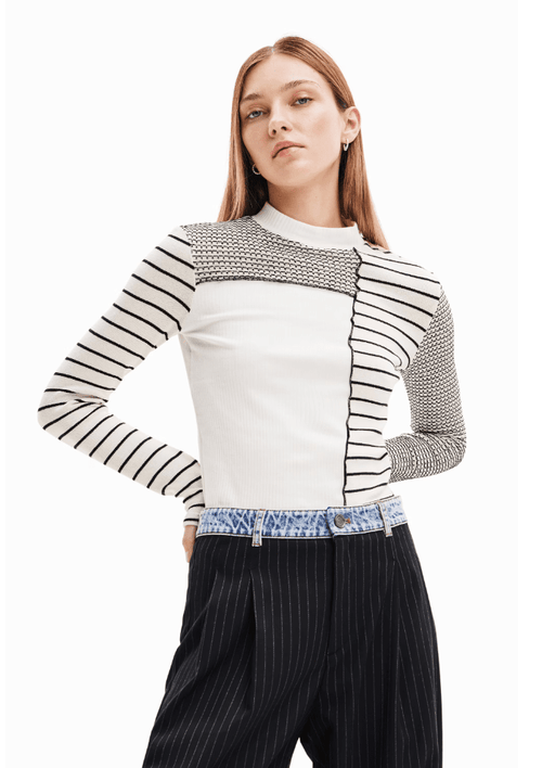 PATCHITO Long Sleeve Knit Top in White with Abstract Stripes Tops Desigual