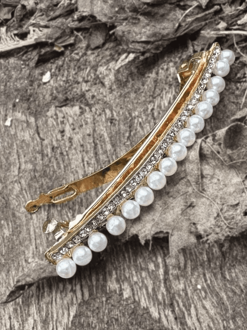 Pearl and Crystal Bar Hair Clip - Gold - KK379 Hats and Hair Accessories Hot Tomato