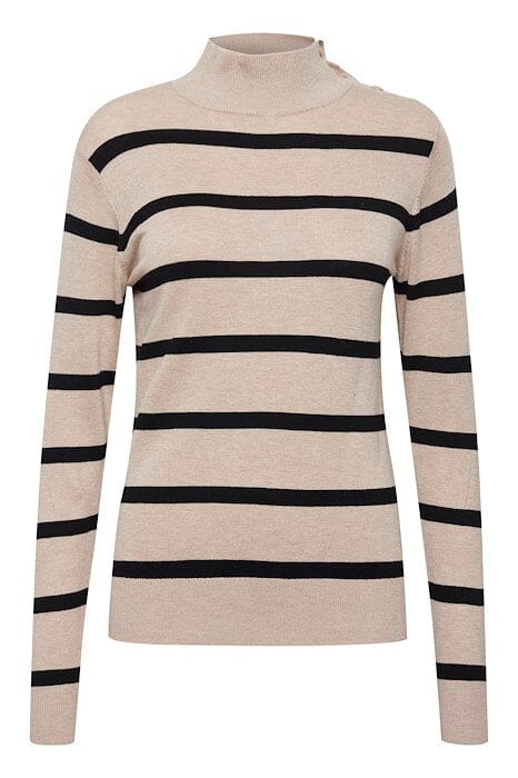 Pimba 1 Button Shoulder Knit Roll Neck Top in Stripe Cement Tops B.Young