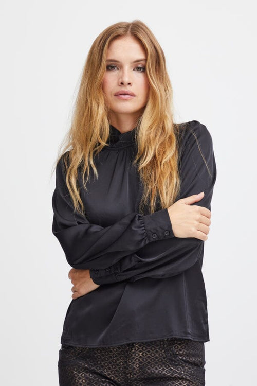 PULZ DOROTA Silk feel High Neck Blouse in Black Tops Pulz Jeans