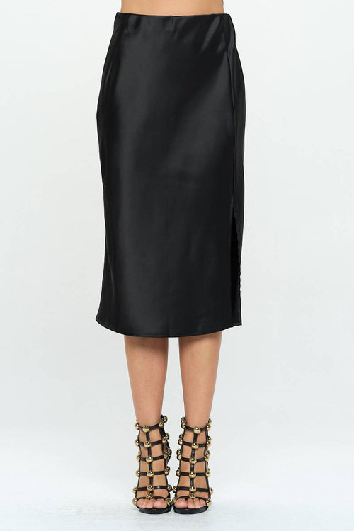 Renee C. - Made in USA Solid Satin Midi Skirt with Slit Renee C.