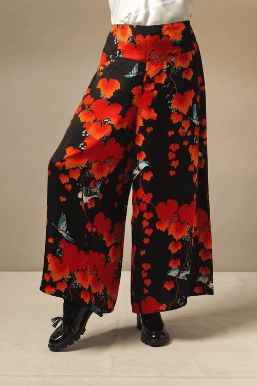 Satin Feel Palazzo Trousers in Black Acer Print by One Hundred Stars - PPAACRBLK Kimonos One Hundred Stars