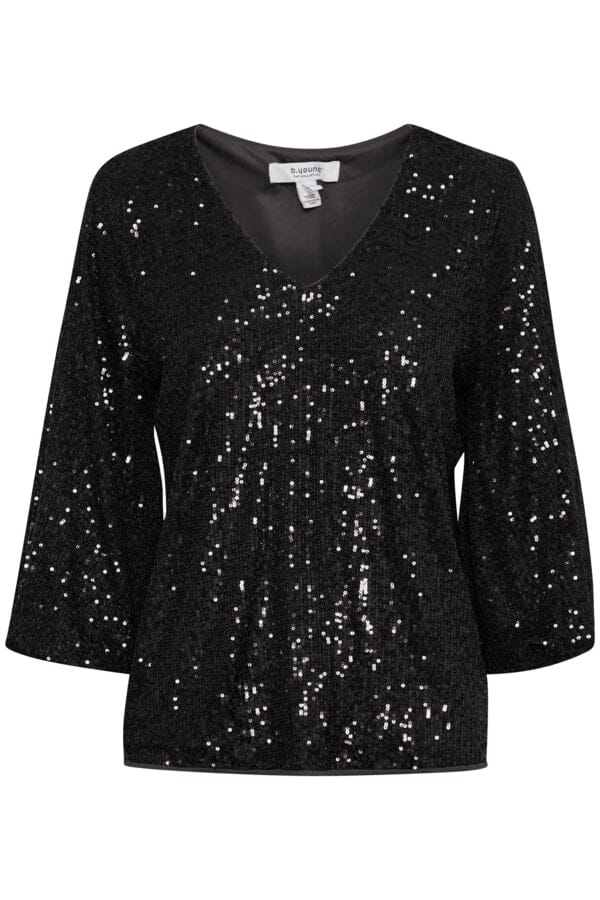 SOLIA V Neck Sequin Top in Black Tops B.Young