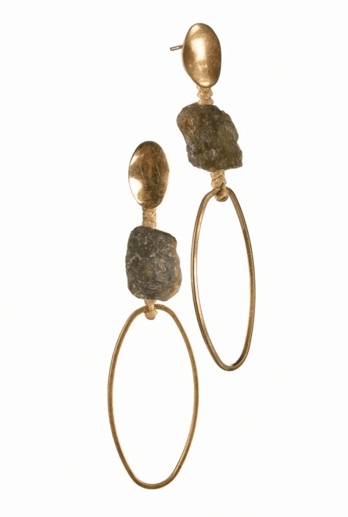 Stone and Organic Hoop Drop Earrings in Worn Gold - JE013 Earrings Hot Tomato